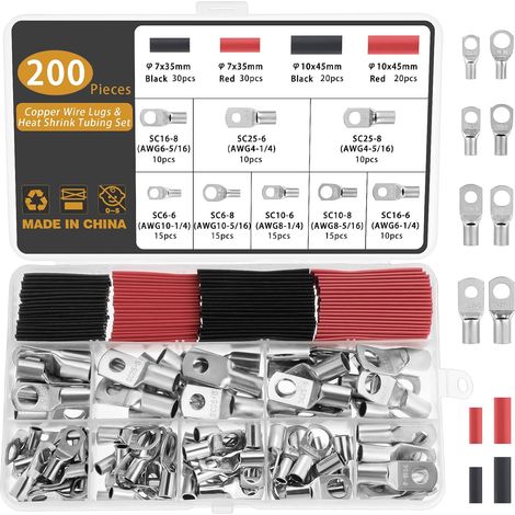 200 Pièces Cosse a Sertir 6/10/16/25mm², 8 Tailles M6 M8 Cosse Batterie a Sertir, Cosse Electrique Cosses Tubulaires SC Bornes Cosses de Câble à Anneau Cuivre avec Gaines Thermorétractables (1/5)