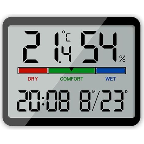 Thermo-hygromètre - Grand écran LCD - Avec fonction horloge - Convient aux serres et aux maisons - Noir (1/4)