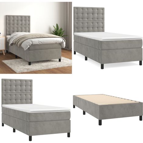 Cama box spring con colchón terciopelo gris claro 90x190 cm - Cama de muelles - Colchón de muelles