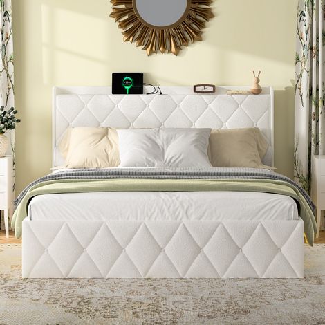 Lit Plateforme 140x200cm - Tissu Bouclette Blanc - Tête de Lit Capitonnée - Station de Charge et LED - 6 Tiroirs de Rangement - Structure Métal et Bois - Capacité 363kg - Blanc