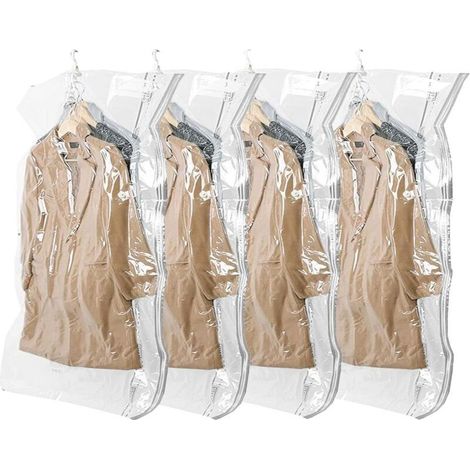 Set di 4 sacche sottovuoto appendibili con ganci, risparmio di spazio dell'80%, 70 x 105 cm, trasparenti, adatte per abiti, vestiti, completi e giacche (1/5)