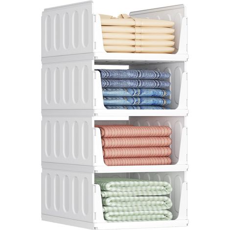 Boîtes de Rangement pour Vêtements, Organisateur de Penderies Empilables, Blanc Bacs Individuels en Plastique, Idéal pour Placard de Cuisine, Armoire de Camping et Salle de Bain, 24L, Lot de 4 (1/5)