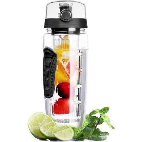Fruchtaufgussflasche mit isolierender, kondensationsbeständiger Hülle und langem Siebeinsatz – 1 Liter – Schwarz (1/4)