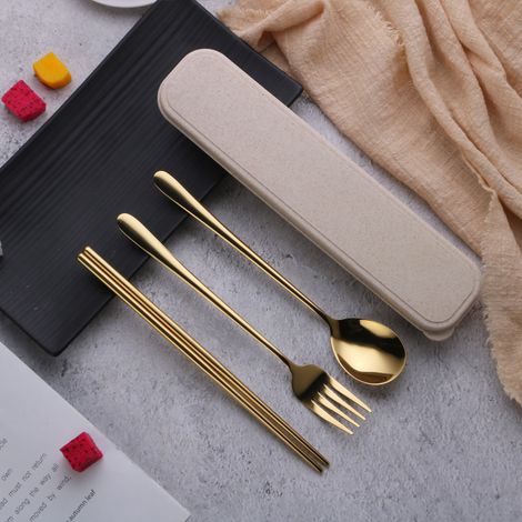 (Ensemble 3 pièces - doré) Ensemble fourchette, cuillère et baguettes en acier inoxydable 304