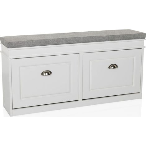 Schuhschrank / Sitzbank ESTHA I 104x24x47,5 cm 2 Schuhklappen weiß/grau hjh LIVING (1/5)