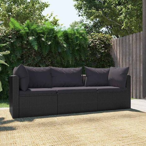 3-tlg. Garten-Sofagarnitur mit Auflagen Poly Rattan Schwarz (1/5)