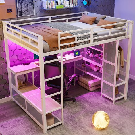 Lit mezzanine en métal 140x200 cm avec bureau et LED Lit enfant avec armoire ouverte et USB et rangement Blanc (1/5)