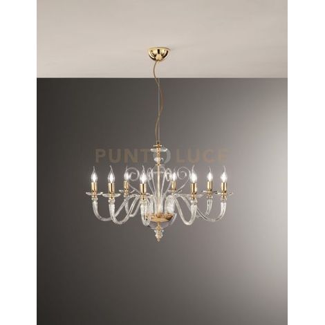 LAMPADARIO DEBUSSY 8 LUCI TRASPARENTE E ORO ATTACCO E14 D.84CM