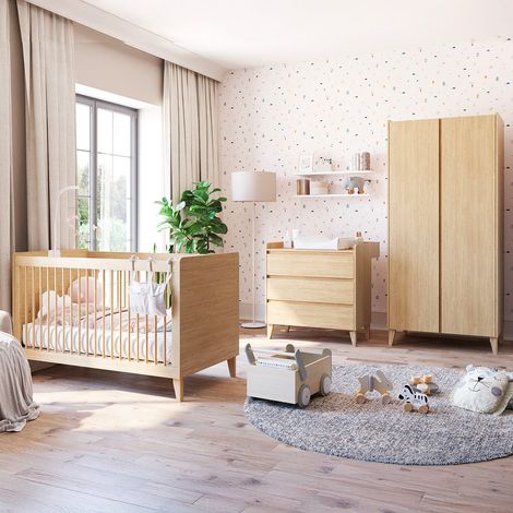 Komplettes Schlafzimmer Mitwachsendes Bett 70x140 Wickelkommode und 2-türiger Schrank Vox Muve Holz (1/5)