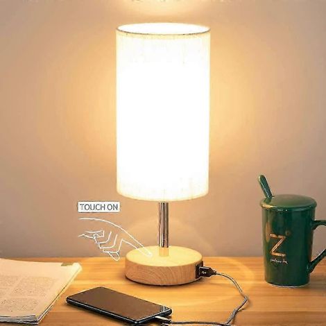 Lampe de chevet avec port USB - Lampe de table tactile pour chambre à coucher, lampe de nuit en bois à 3 niveaux d'intensité avec abat-jour rond en tissu lin pour salon ( ) (1/3)