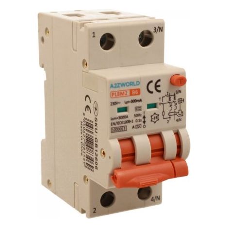 RCBO Interruttore Magnetotermico Differenziale Con Doppia Leva Tipo A Curva B 2P 2M 6000A 300mA, Diagnostica Visiva, B6A  AC 230V IP20 IEC61009-1 PL8M2