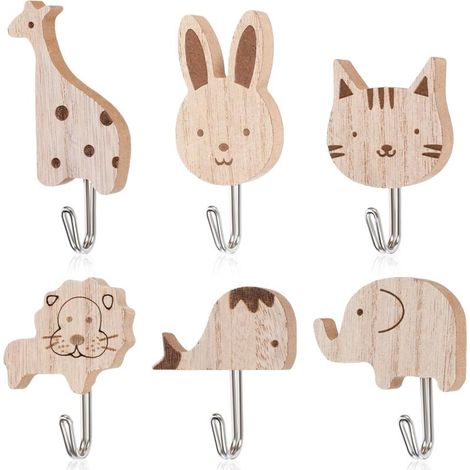 Bardusch-6 patères autocollantes en bois motif animaux (éléphant, baleine, chat…), pour chambre/salle de bain. (1/5)