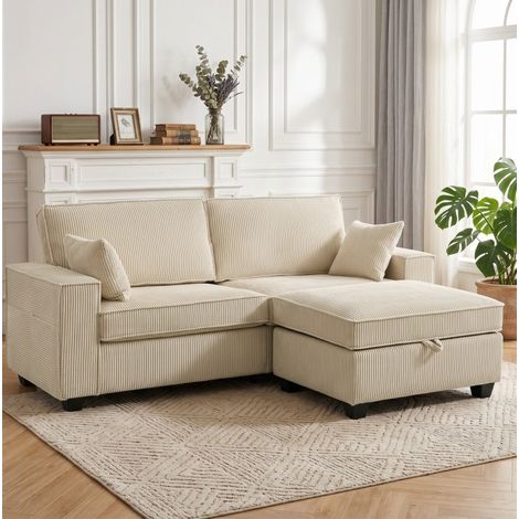 Divano angolare 3 posti con pouf contenitore Beige OKMYHOME (1/5)