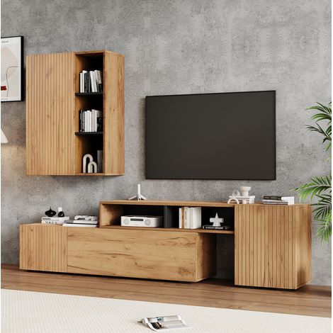 Mobile TV per soggiorno set 174-265 cm, con pensile e scaffale, effetto legno e nero, truciolare (1/5)