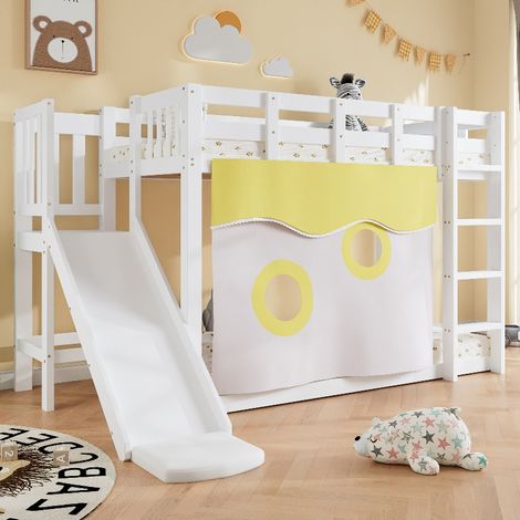 Etagenbett mit Rutsche und Treppe, platzsparendes Kinderbett 90x200 cm mit Fallschutz, Bettvorhang und Gitter, aus Kiefer und MDF, Weiß (1/5)