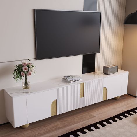 Meuble TV avec 4 Portes, Surface Effet Marbre et Pieds Boule en Bois, pour Salon, MDF et Panneaux, 180 x 40 x 44 cm (1/5)