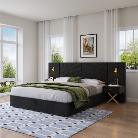 Lit Coffre 160x200cm - Lit 160x200 avec Sommier - Lit Double avec 2 Bancs Latéraux et Éclairage LED - Lit Adulte en Velours Noir (1/5)