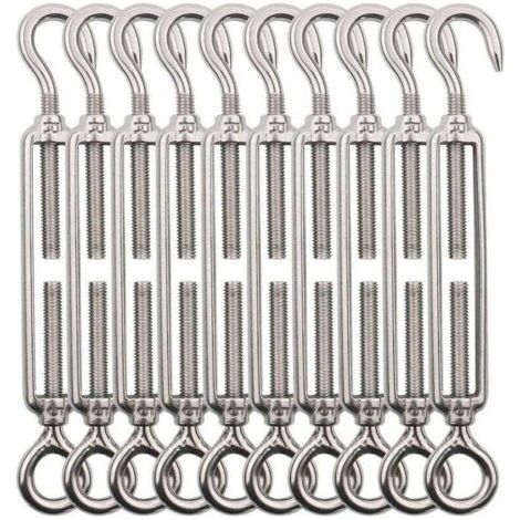 Tendeur Cable Crochet M5 (Crochet et Oeil), Tendeur Fil Acier/Tendeur Cable INOX en Acier Inoxydable 304 pour Fil a Linge, Cable Acier, Corde Acier -10 Pièces (1/4)