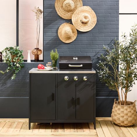 Sweeek – Barbecue à gaz 3 brûleurs noir – Acier inoxydable – Surface de cuisson 1805 cm² – Thermomètre intégré – 3 portes de rangement