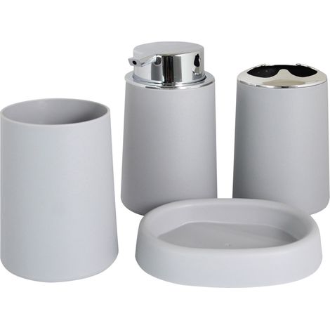 Set Accessoires Salle De Bains - Distributeur Savon Pompe - Porte-Brosse À Dents - Gobelet - Plat À Savon - PP - Gris - 4 Pièces (1/5)