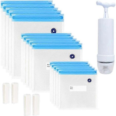 Lot de 20 sacs sous vide réutilisables avec pompe manuelle, 3 tailles de sacs scellés et 4 clips. (1/5)