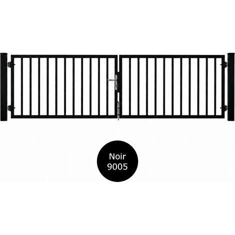 Portail battant barreaudé acier ouverture réversible H 100 x L 400 cm - noir (1/5)