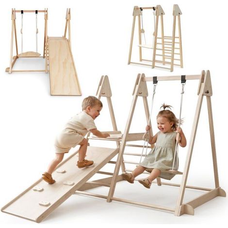 Aire de jeux intérieure en bois 3 en 1 - Mamabrum - 3-en-1 - Toboggan réversible - Mur d'escalade - Balançoire intégrée (1/5)