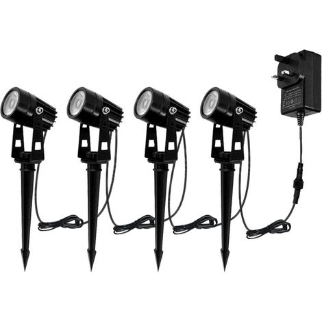 Set of 4 RGB garden spotlights with timer and remote control, IP65 waterproof, on ground spikes – Automatic colored outdoor lighting for lawns, flower beds, trees and pools