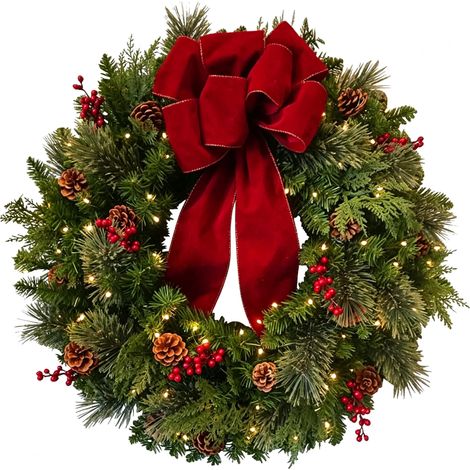 Couronne de Noël toute faite pour la porte d'entrée, la véranda, le mur ou la cheminée – Artificielle en PVC, rouge et verte avec un nœud en velours rouge, des pommes de pin – 20 pouces (1/5)
