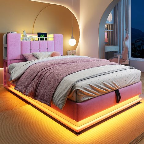 Polsterbett 90x200 cm mit hydraulischem Stauraum und LED-Beleuchtung, smartes Kinderbett mit USB-Anschluss und Lattenrost, Samt Rosa (1/5)