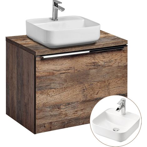 Badezimmermöbel Waschtisch-Unterschrank Set 60cm PUEBLA-56 Vintage Oak Eiche, 40cm Keramik-Waschbecken, 2 Softclose-Schubkästen, B/H/T 60,4/62,5/46 cm (1/5)