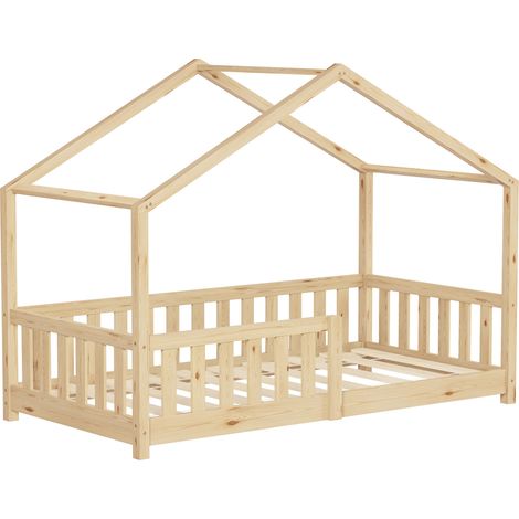 ML-Design Kinderbett Hausbett 80x160 cm Natur, Holzbett mit Rausfallschutz, Lattenrost und Dach, Spielbett aus massivem Kiefernholz für Kinder, Montessori Bodenbett Bettgestell Bettenhaus Juniorbett