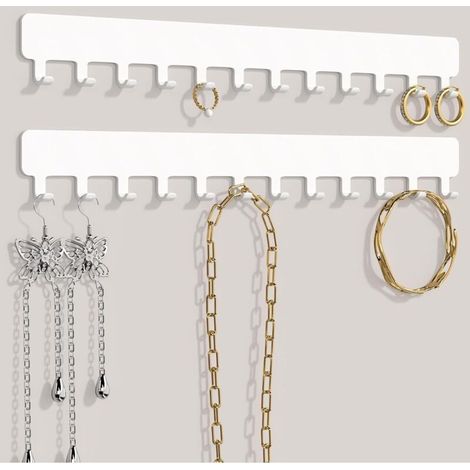 Wall-mounted jewelry organizer - Sturdy jewelry organizer for necklaces, bracelets, and earrings - Space-saving solution, easy adhesive mounting, metal, white (1/5)