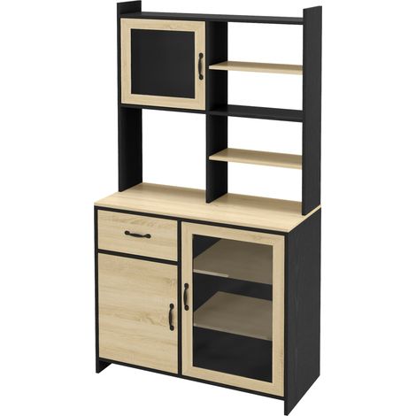 Armoire cuisine haut 1 tiroir 3 placards étagères 2 vitrées 90x39x177 cm noir naturel