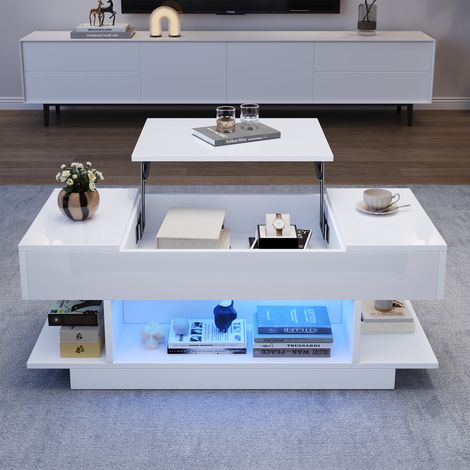 Table Basse Relevable 98 x 45 x 40 cm avec Plateau Relevable,Table d'Appoint Réglable en Hauteur,Table de Salon avec Espace de Rangement Semi-Ouvert,Table Basse Laquée Brillante avec Éclairage LED,Bla (1/5)