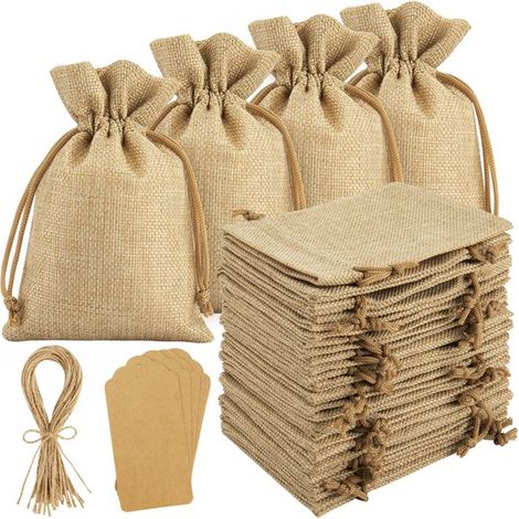 50 pièces - Sacs en jute 10 x 14 cm - Sacs cadeaux en coton avec cordon de serrage - Avec étiquettes cadeaux en carton et ficelle - Emballages et sachets cadeaux (1/5)