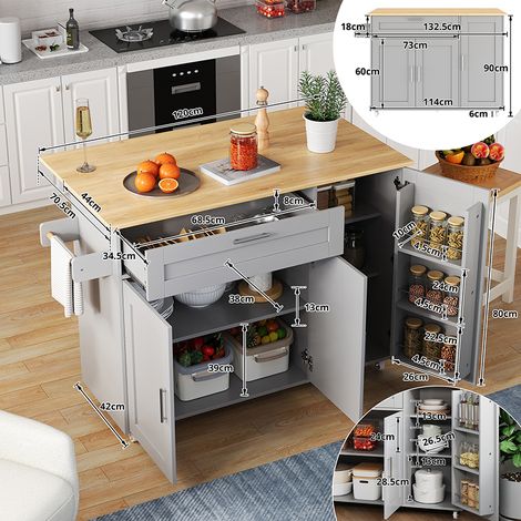 L132,5 x P44(70) x H90 cm, grande table de cuisine mobile, plan de travail rabattable, aspect chêne, meuble multifonctionnel, rangement à épices, porte-serviettes, 5 roulettes, adapté à la cuisine/sal (1/5)