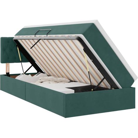 Lit coffre avec matelas, vert foncé, 90 x 190 cm, tissu velours. (1/5)