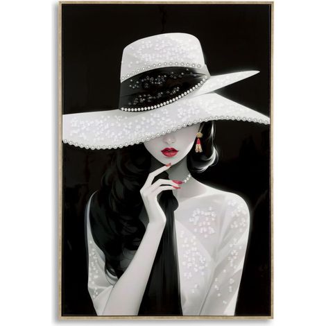 Dipinto su tela Marty B2 dama con cappello bianco su sfondo nero, 62x92 cm