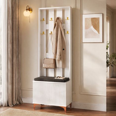 Appendiabiti da ingresso con panca porta scarpe e cuscino, bianco, 60,5 x 180,5 x 35,2 cm (1/5)