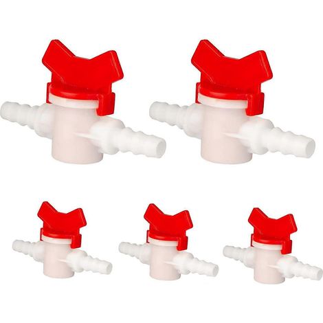 Lot de 5 vannes à bille cannelées de 9,5 mm de diamètre extérieur, avec robinet d'arrêt intégré pour irrigation goutte à goutte, aquariums et jardinage.
