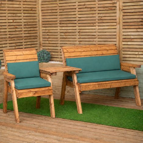 3 Seater Wooden Furniture Set with Straight Tray & Green Cushions (1/5)