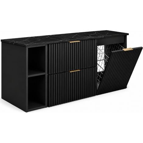 Meuble sous vasque 120 cm avec panier à linge, noir, plan marbre noir, poignées noires (1/5)