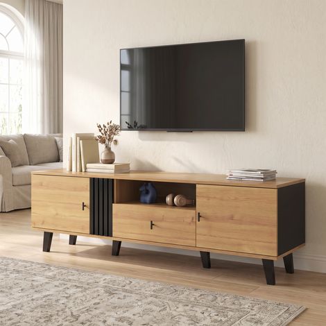 Meuble TV 170cm avec 2 Portes et 1 Tiroir, Panneau de Particules, Style Moderne, Bois et Noir (1/5)
