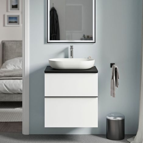 BERNSTEIN - Meuble sous vasque suspendu salle de bain MDF Blanc mat, plan vasque Noir mat, poignée métal Anthracite mat - 60x46x62cm - LAVOA Blanc mat, Anthracite mat, Noir mat