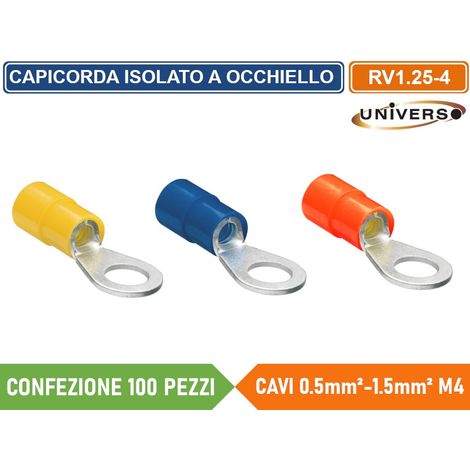 CONFEZIONE 100 PEZZI CAPICORDA TERMINALE AD OCCHIELLO ISOLATO PER CAVI DA 0.5 mm² a 1.5 mm² M4 - Colore Struttura:Blu (1/4)
