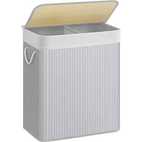 Panier à Linge avec Couvercle, Corbeille à Linge en Bambou, 2 Compartiments de Tri, Sac Amovible, Poignées en Coton, Volume 100L, pour Buanderie, Chambre, Gris (1/5)