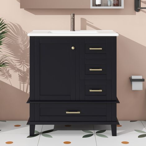 URBAN MEUBLE Meuble vasque céramique noir MDF, tiroirs silencieux 76x46x83,5cm (robinet non inclus) (1/5)