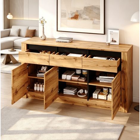 OKWISH Sideboard in Naturholz, 140 x 35 x 70 cm, Spanplatte, 3 Schubladen (1/5)