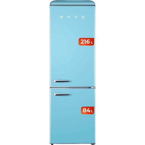 EVVO Frigorífico combi F55 Retro Azul Pastel, refrigerador 216 litros, congelador 84 litros, diseño vintage, cajón Crisper Zone, Turbo fan, libre de gas CFC, silencioso